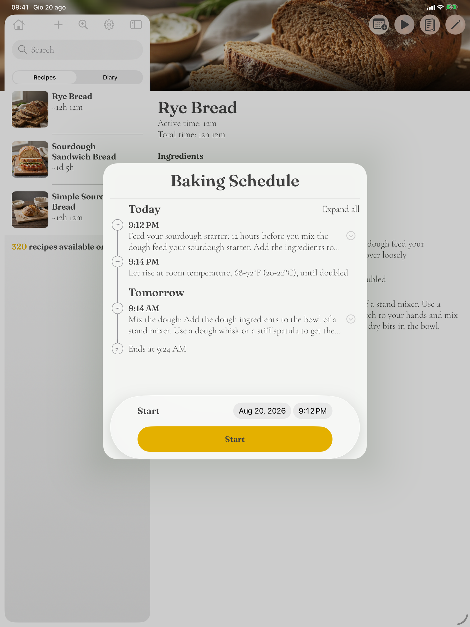 The Baking Schedule screen on iPad, with steps grouped by day