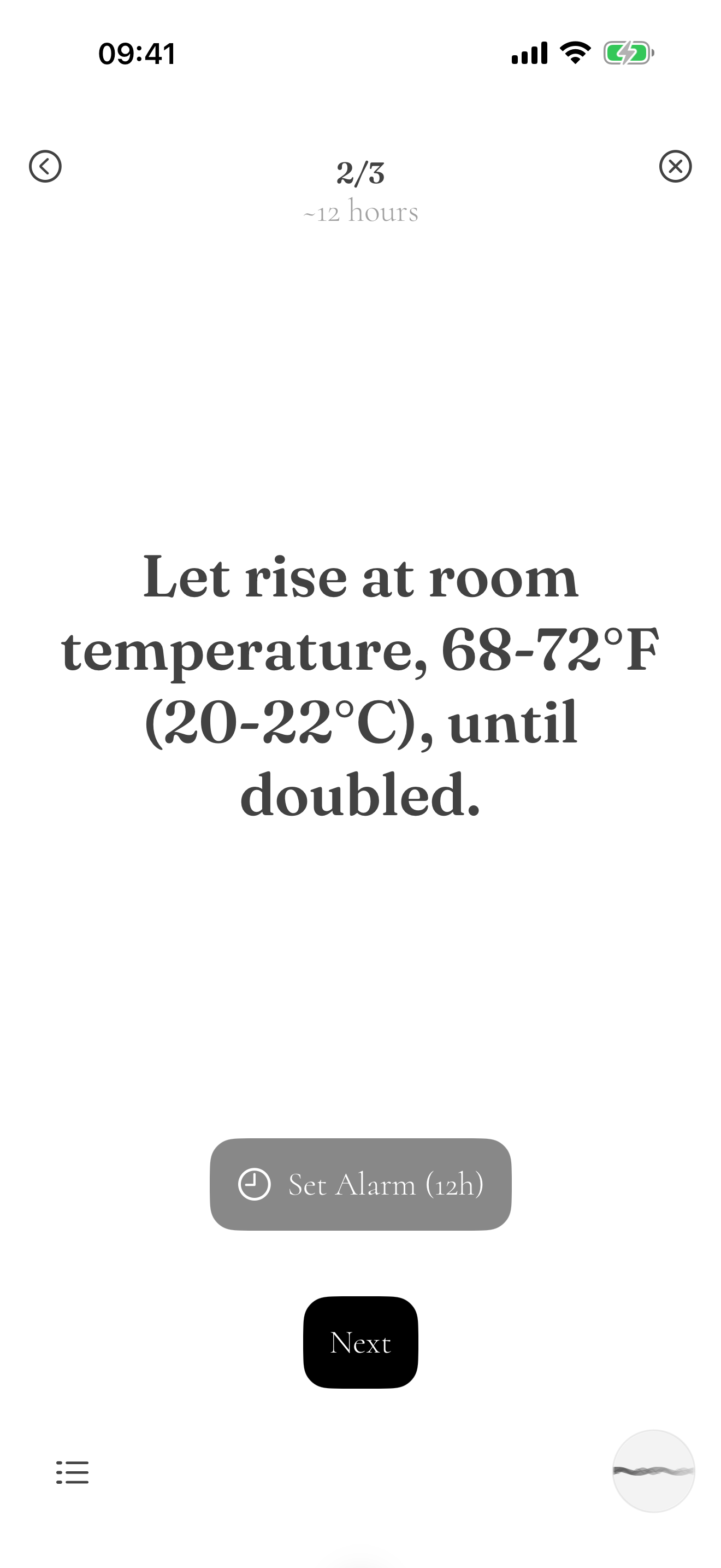 A live baking session on iPhone: step two of three, let rise at room temperature, with a Set Alarm button and the voice control at the corner